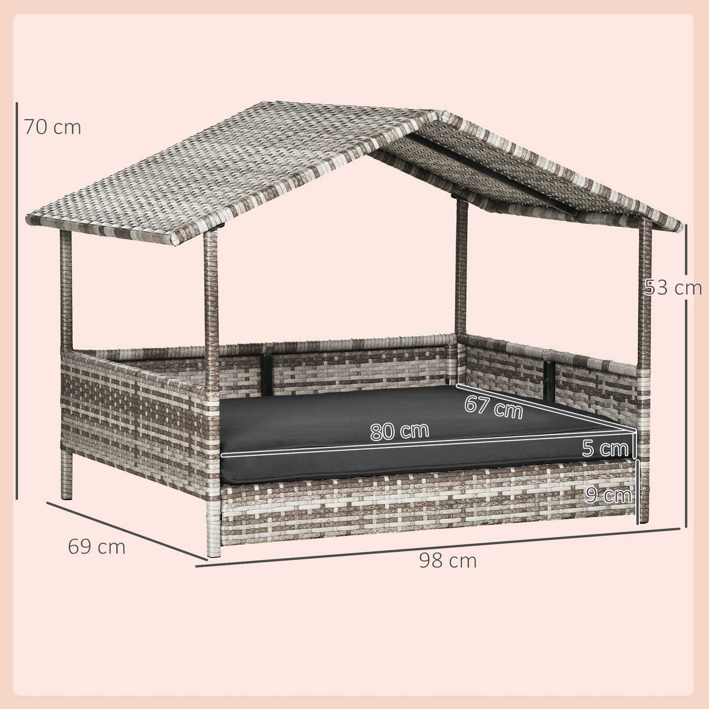 Wicker Dog House, Rattan Pet Bed, with Removable Cushion, Canopy, for Small and Medium Dogs - Dark Grey-2