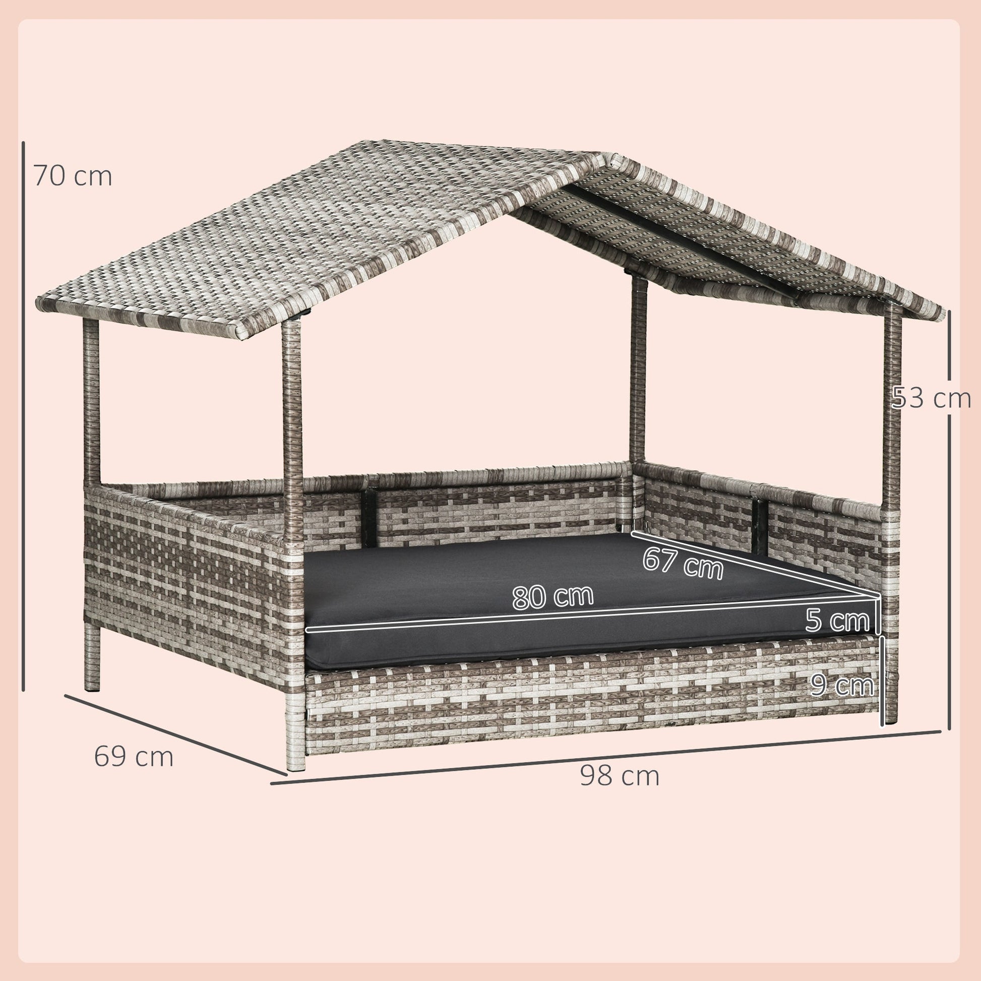 Wicker Dog House, Rattan Pet Bed, with Removable Cushion, Canopy, for Small and Medium Dogs - Dark Grey-2