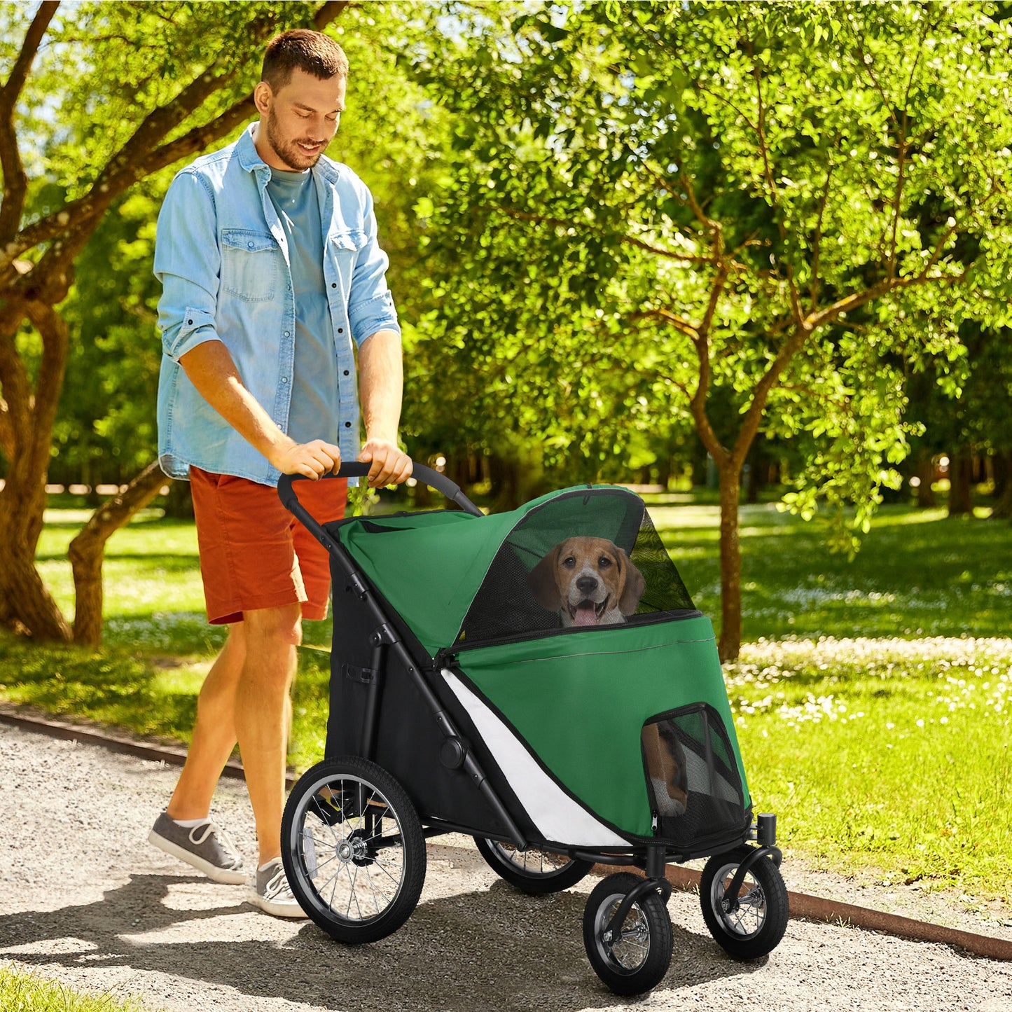Foldable Pet Stroller with Washable Cushion, Storage Bags, Safety Leash for Medium and Large Dogs Cats Travel, Dark Green by PawHut-8