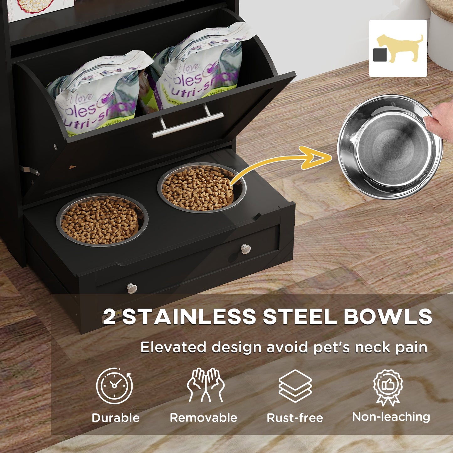 Pet Feeder Station, Dog, Cat Storage Container, with Raised Bowls, Hanger, Cabinet - Black-3