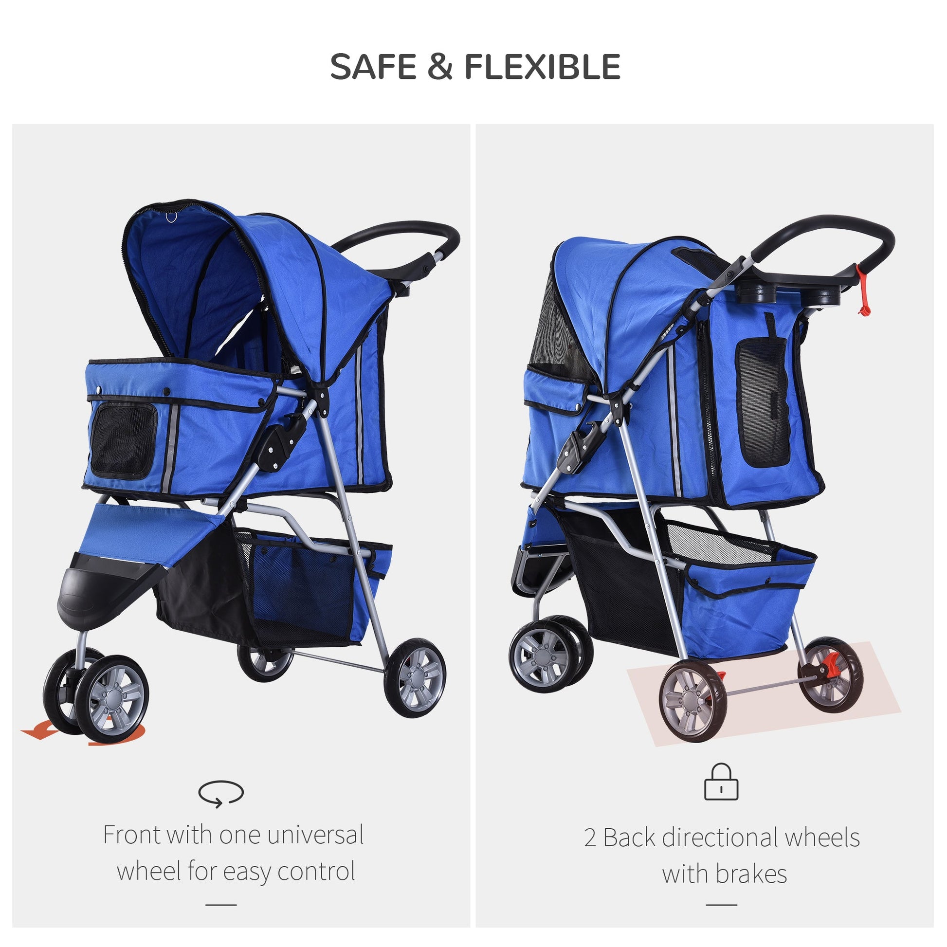 Dog Pram Pet Travel Stroller Dog Pushchair W/Three Wheels-Blue-4