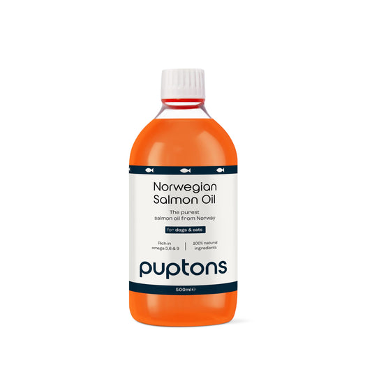 Puptons Norwegian Salmon Oil for Dogs & Cats | Contains 21 Omega Fatty Acids | Fish Oil Supplement for Glossy Coat, Immune Support, Itchy Skin, Softer Paws, Joint & Brain Health | 500ml without pump