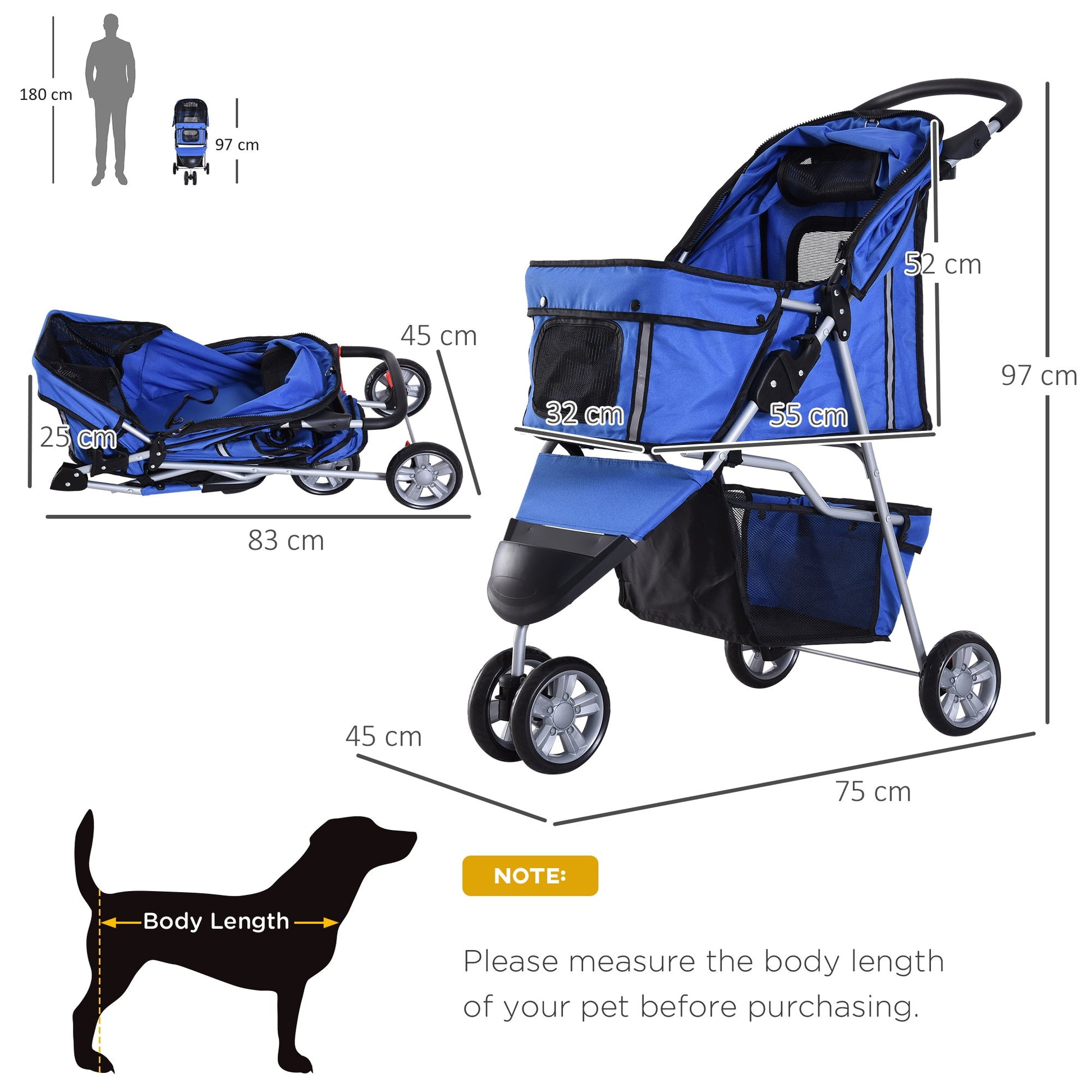 Dog Pram Pet Travel Stroller Dog Pushchair W/Three Wheels-Blue-2
