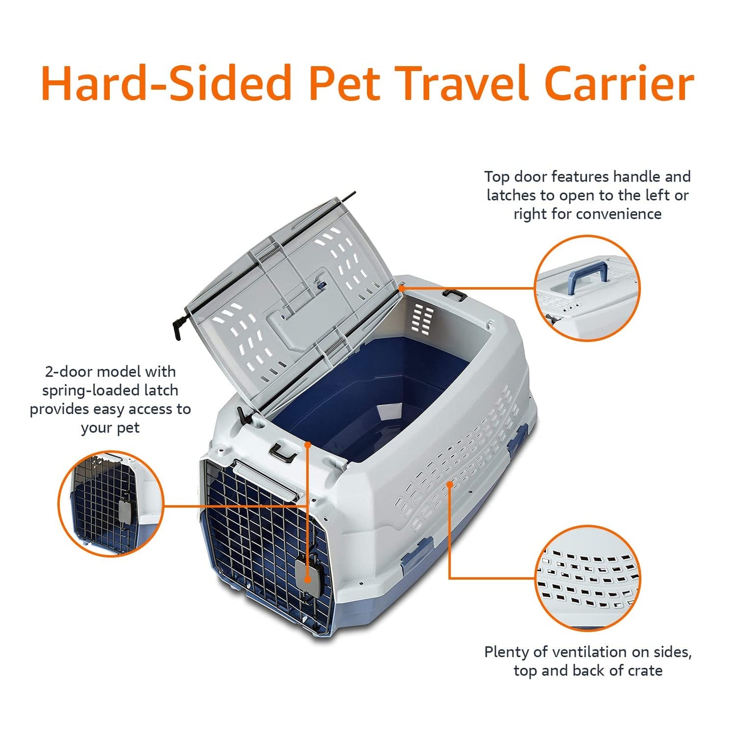 Hard-Sided Cat Carrier, Two-Door Top-Load Pet Dog/Cat Travel Box Carrier, Blue, 58 L x 38 W x 33 H cm