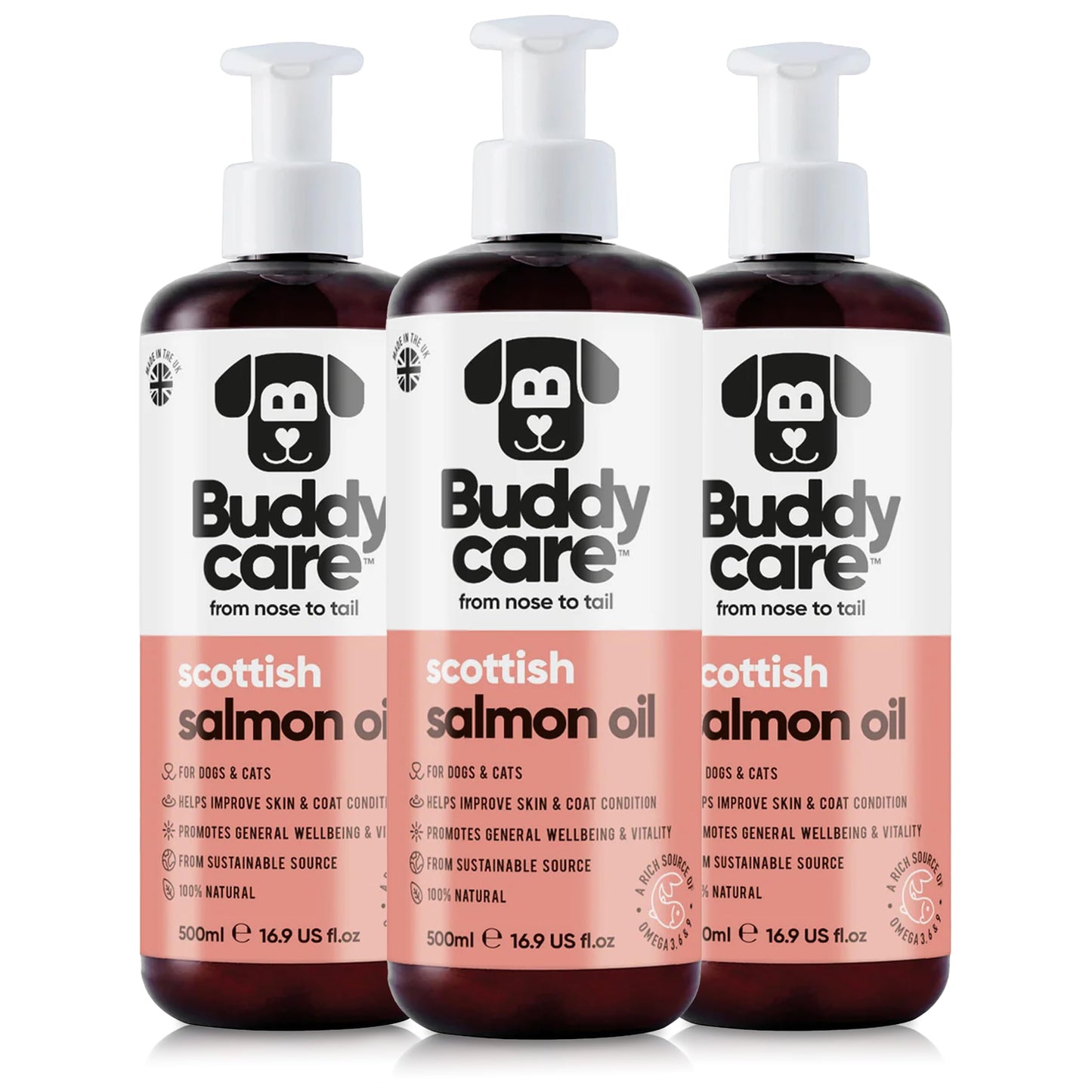 Buddycare Premium Salmon Oil for Dogs UK (500ml) | Essential Omega 3, 6 & 9 Cat & Dog Supplements | Natural Omega 3 For Cats | Salmon Oil For Cats for Immune Support