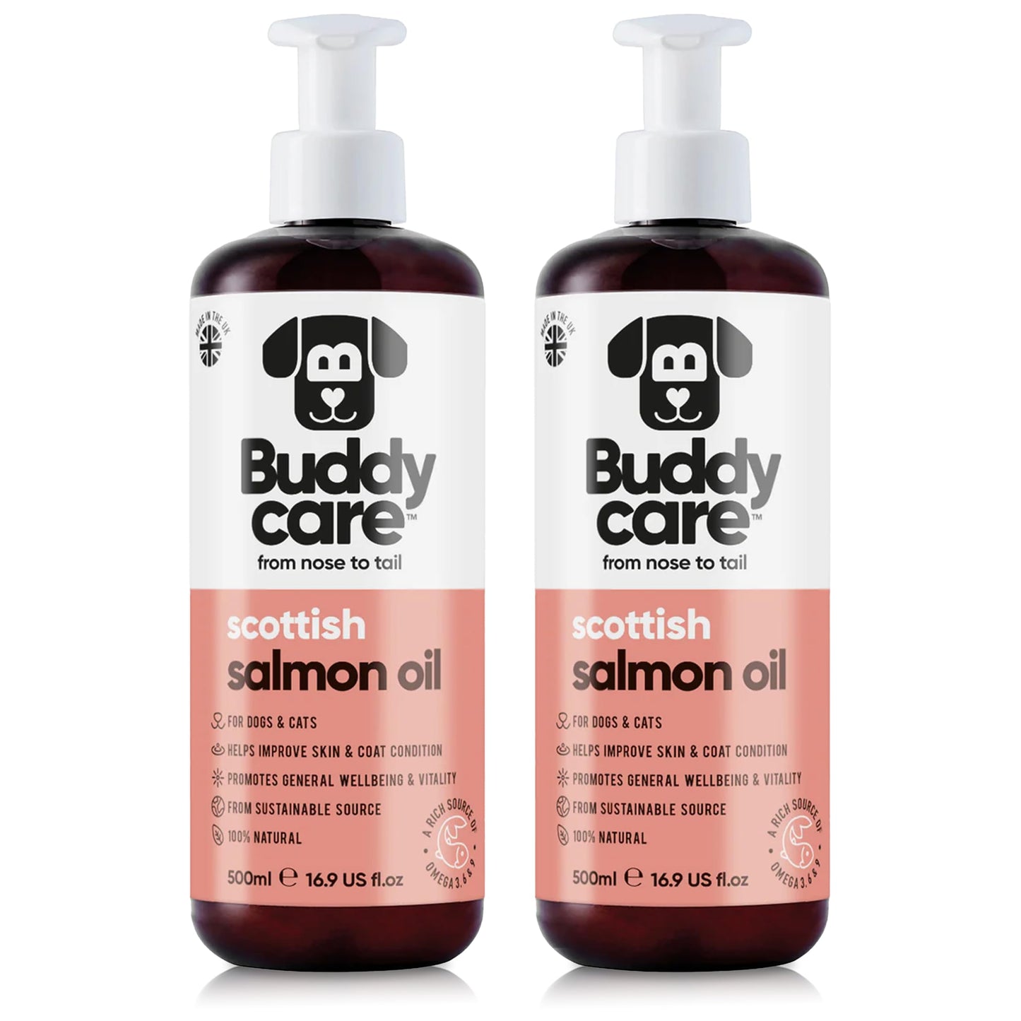 Buddycare Premium Salmon Oil for Dogs UK (500ml) | Essential Omega 3, 6 & 9 Cat & Dog Supplements | Natural Omega 3 For Cats | Salmon Oil For Cats for Immune Support