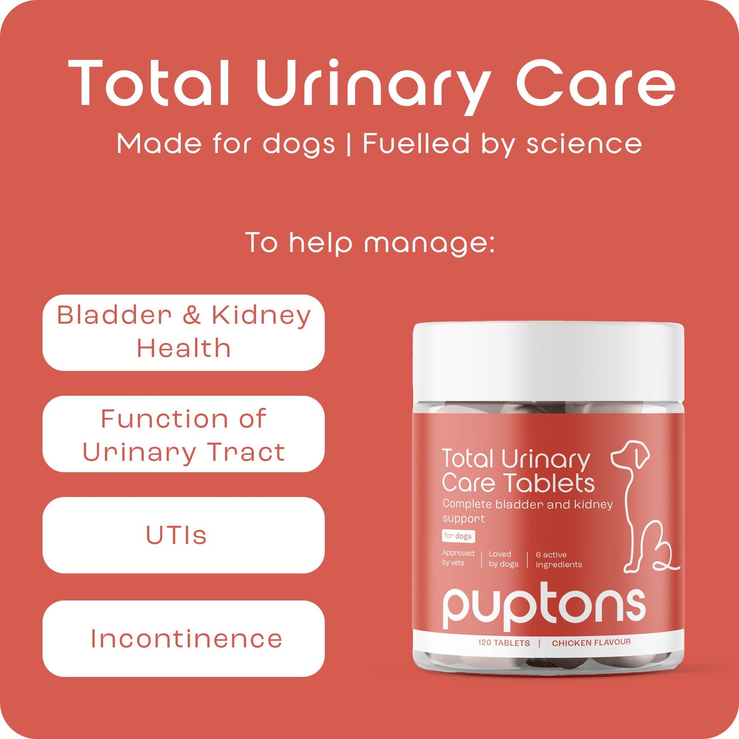 Puptons Total Urinary Care | Dog UTI, Incontinence & Cystitis Relief Tablets | Natural Ingredients | Advanced Bladder & Kidney Support for Dogs (30 Tablets) | Puptons