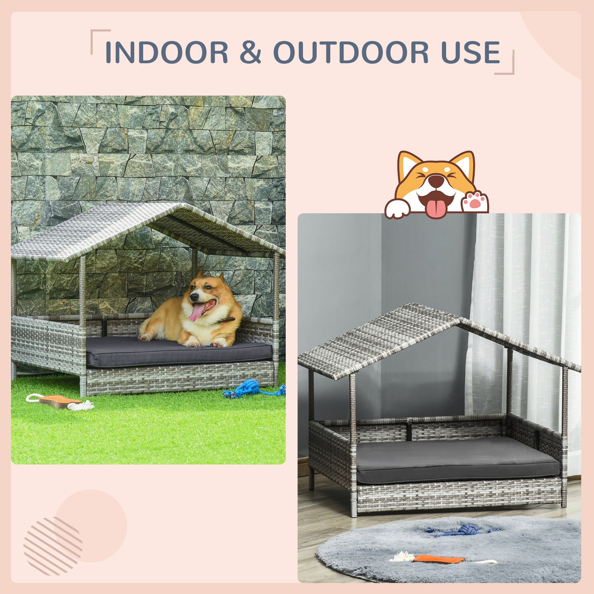 Wicker Dog House, Rattan Pet Bed, with Removable Cushion, Canopy, for Small and Medium Dogs - Dark Grey-3
