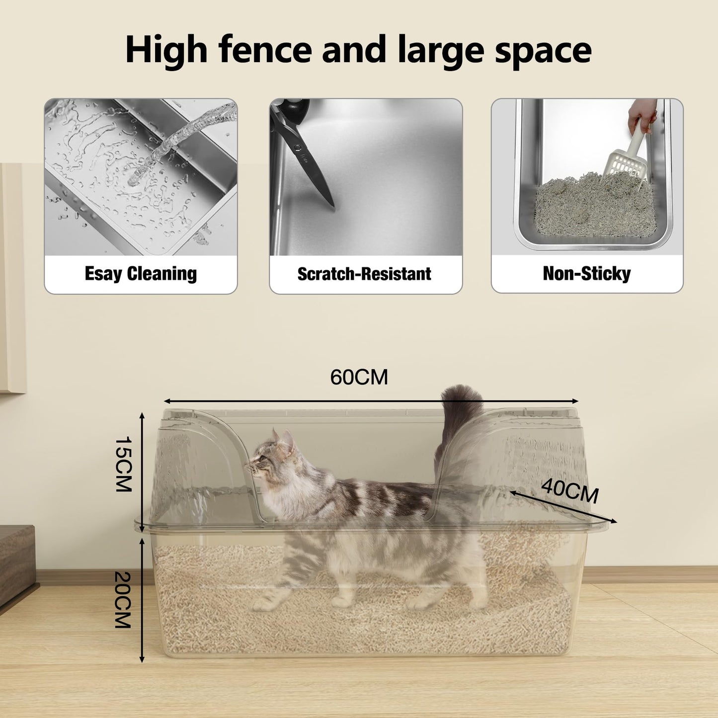 Stainless Steel Litter Box With Lid High Sided Cat Litter Tray Extra Large Metal Litter Tray Anti-Leakage Deep Kitten Litter Trays Splash Proof Top Entry Cat Litter Box