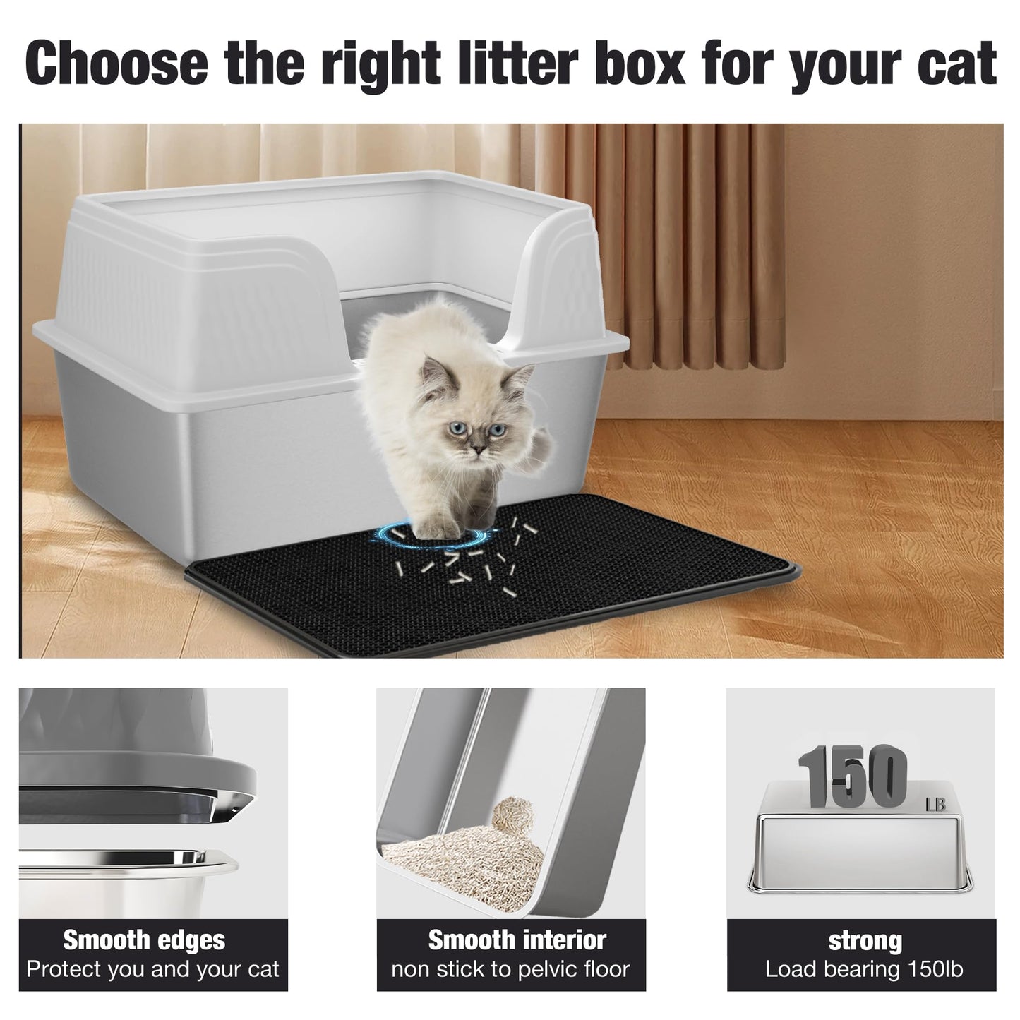 Stainless Steel Litter Box With Lid High Sided Cat Litter Tray Extra Large Metal Litter Tray Anti-Leakage Deep Kitten Litter Trays Splash Proof Top Entry Cat Litter Box