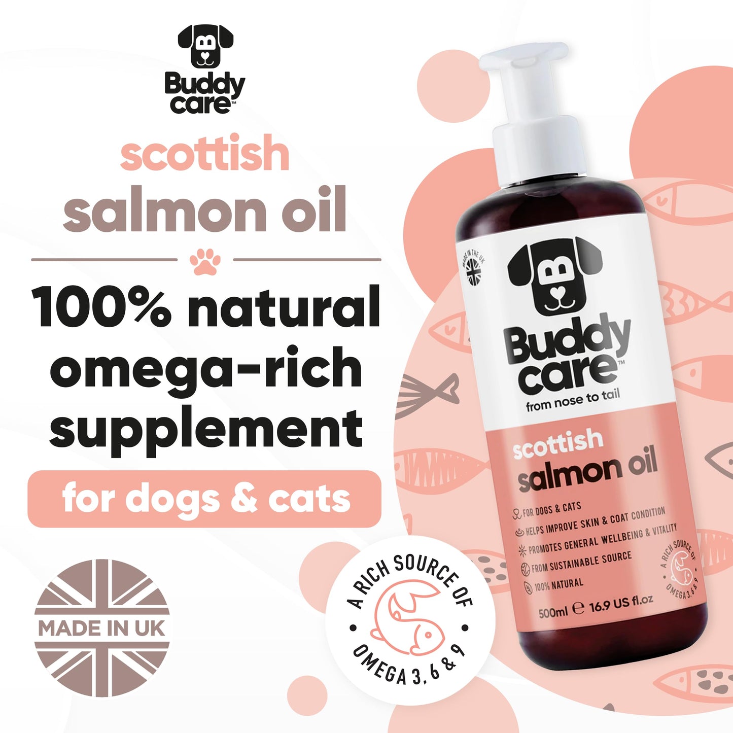 Buddycare Premium Salmon Oil for Dogs UK (500ml) | Essential Omega 3, 6 & 9 Cat & Dog Supplements | Natural Omega 3 For Cats | Salmon Oil For Cats for Immune Support