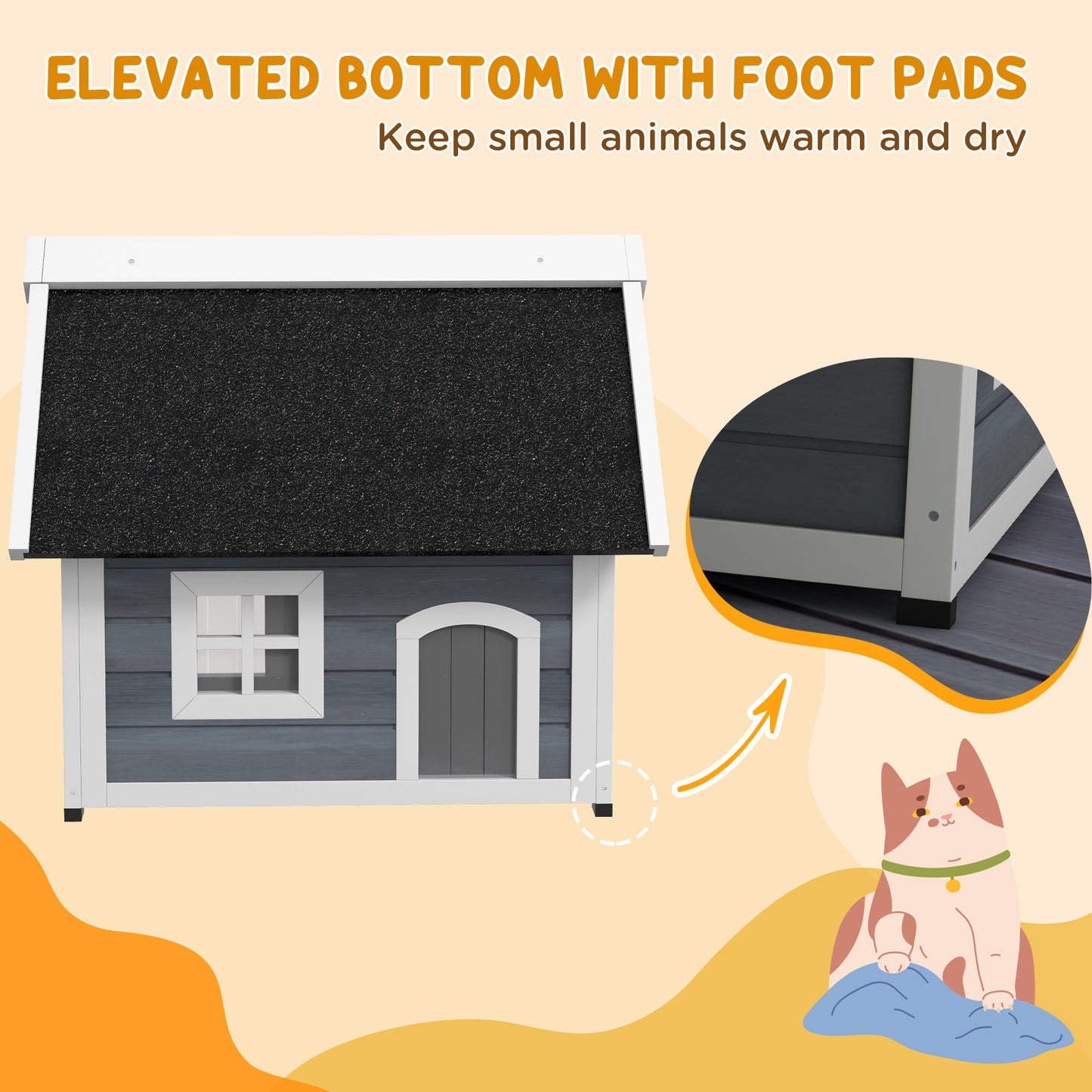 Outdoor Cat House, Wooden Feral Cat Shelter Waterproof Hide House with Openable Asphalt Roof and Three Doors, 77 x 57.5 x 68cm, Grey | PawHut-6