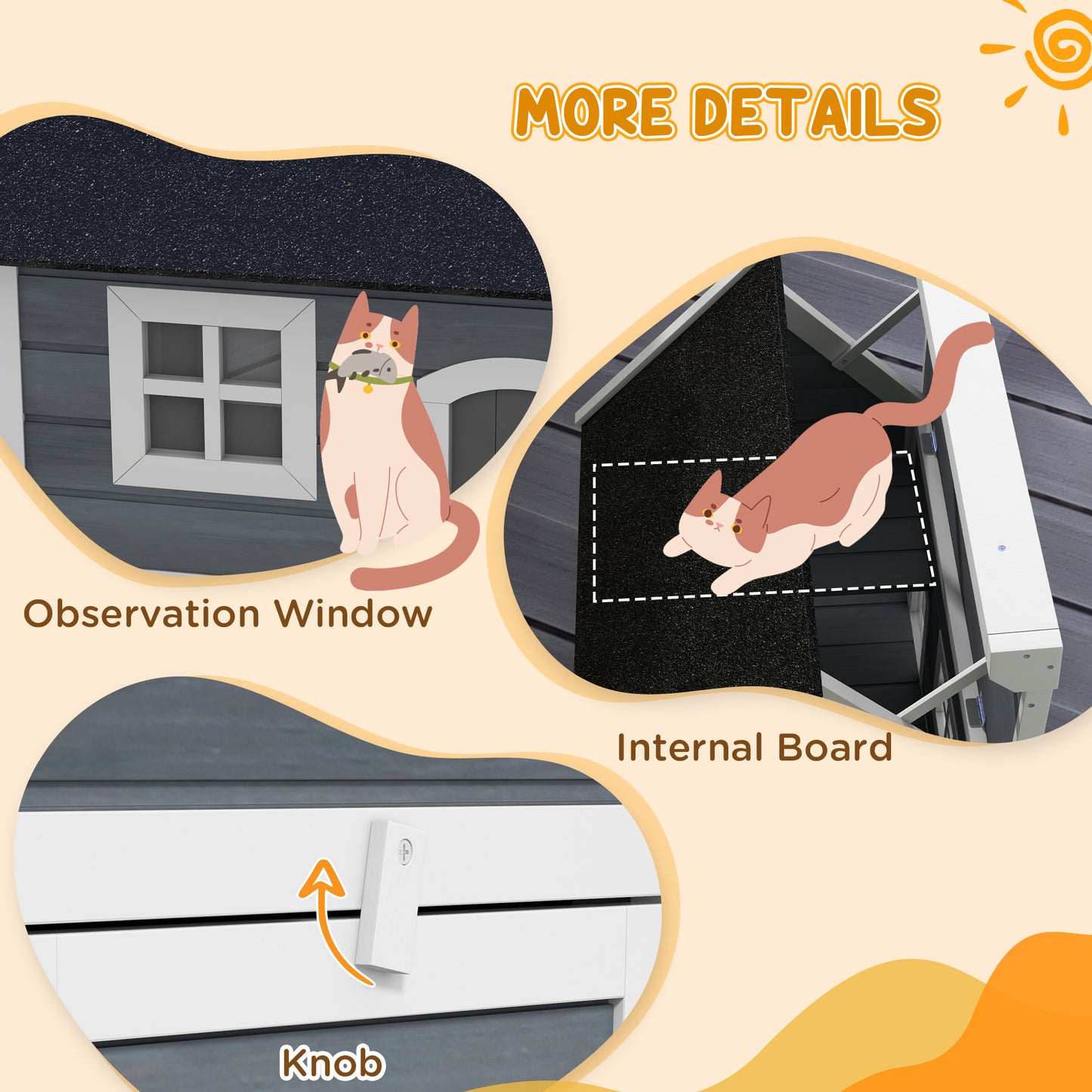 Outdoor Cat House, Wooden Feral Cat Shelter Waterproof Hide House with Openable Asphalt Roof and Three Doors, 77 x 57.5 x 68cm, Grey | PawHut-5