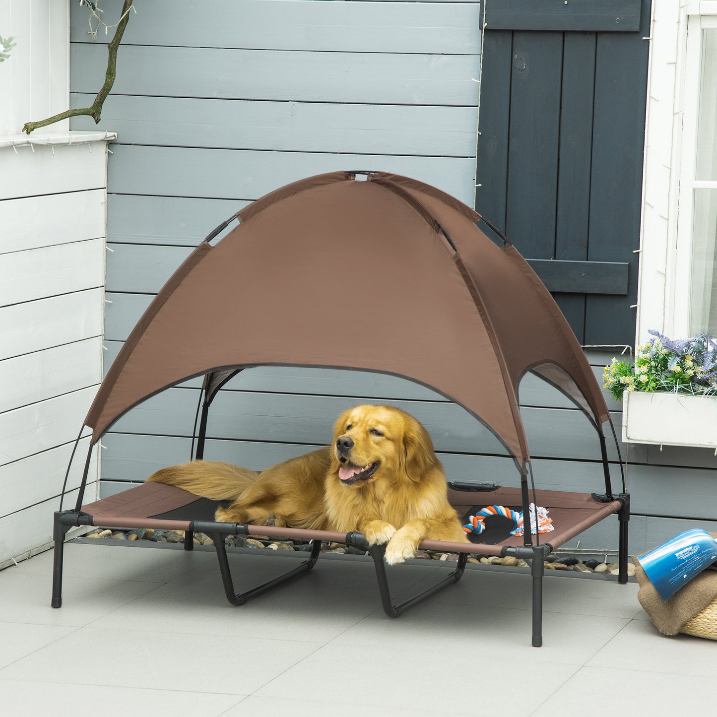 Raised Dog Bed Waterproof Elevated Pet Cot with Breathable Mesh UV Protection Canopy Coffee, for XXL Dogs, 122 x 92 x 108cm-1