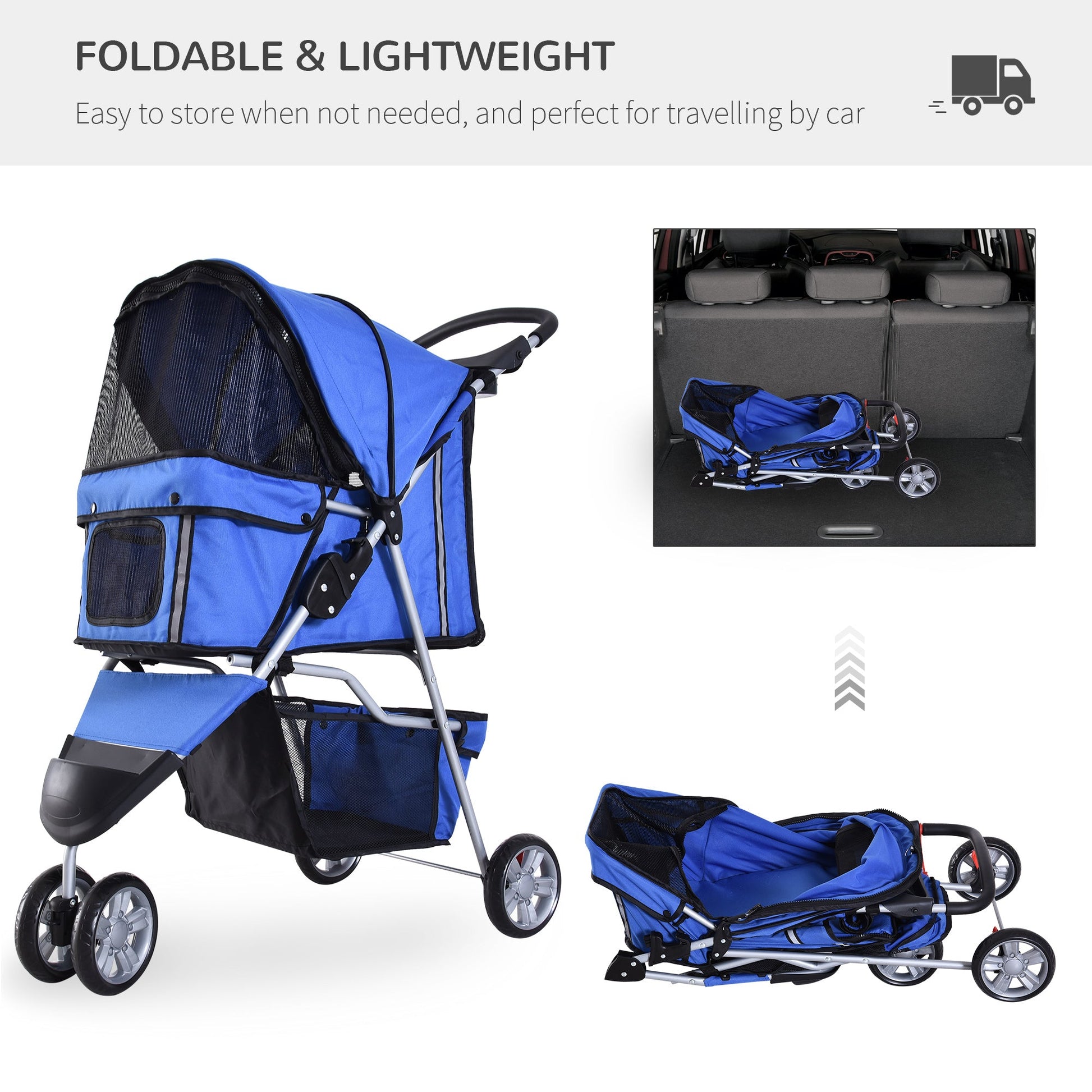 Dog Pram Pet Travel Stroller Dog Pushchair W/Three Wheels-Blue-3