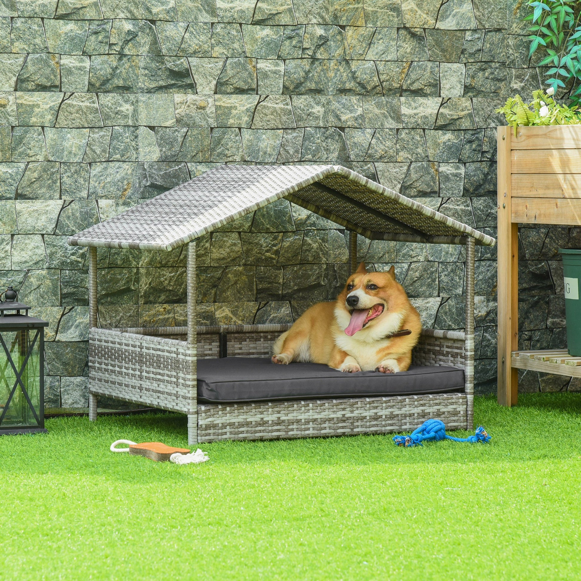 Wicker Dog House, Rattan Pet Bed, with Removable Cushion, Canopy, for Small and Medium Dogs - Dark Grey-1