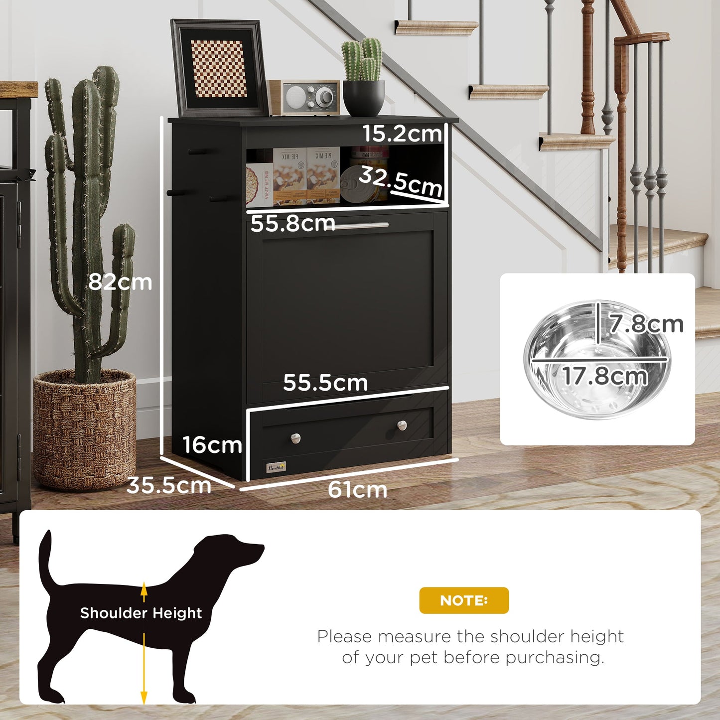Pet Feeder Station, Dog, Cat Storage Container, with Raised Bowls, Hanger, Cabinet - Black-2