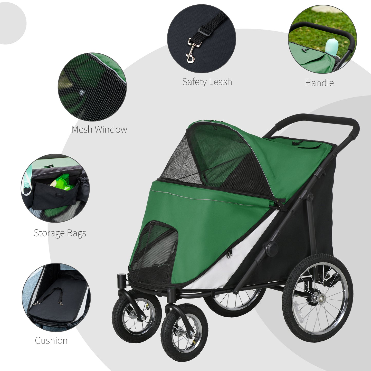 Foldable Pet Stroller with Washable Cushion, Storage Bags, Safety Leash for Medium and Large Dogs Cats Travel, Dark Green by PawHut-4