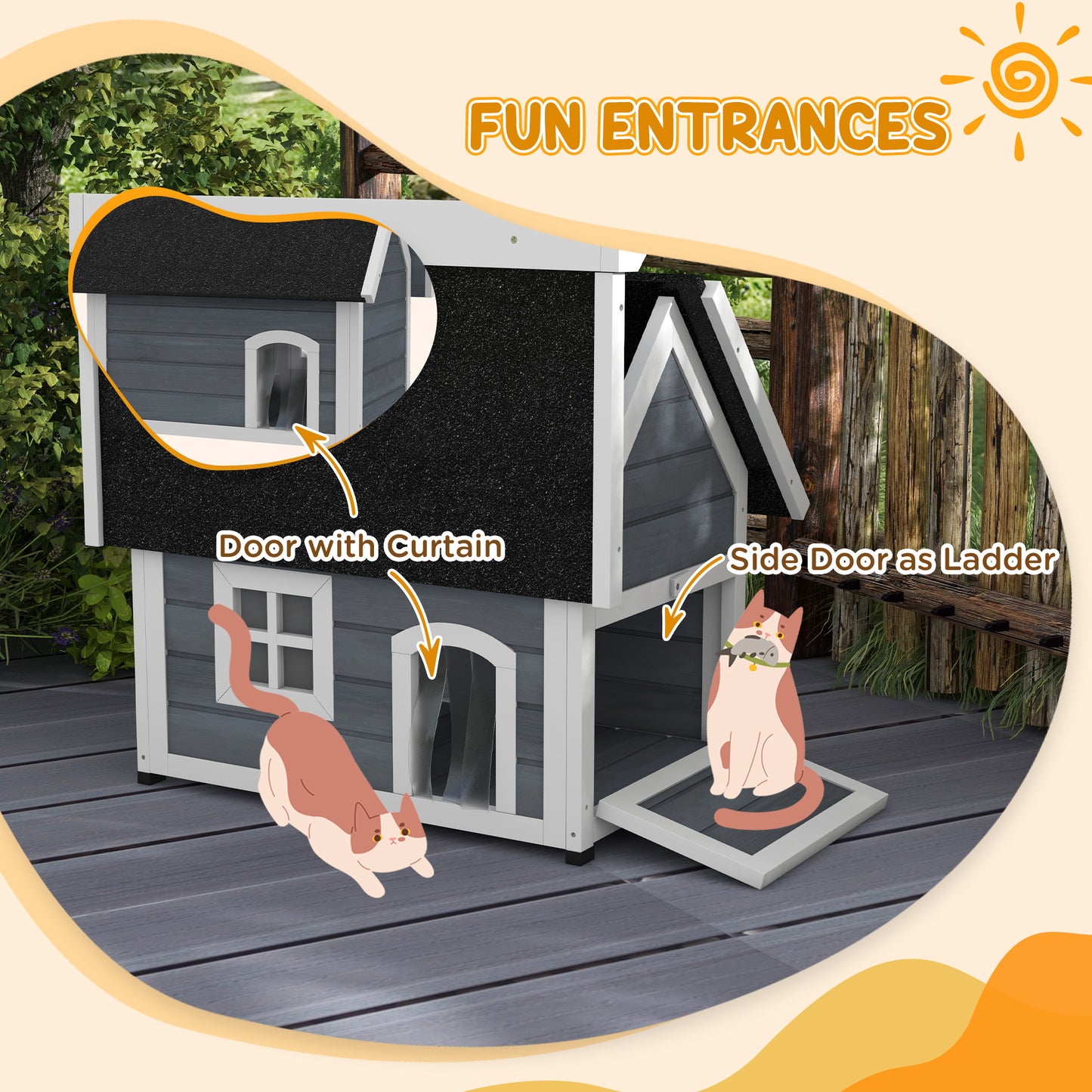 Outdoor Cat House, Wooden Feral Cat Shelter Waterproof Hide House with Openable Asphalt Roof and Three Doors, 77 x 57.5 x 68cm, Grey | PawHut-2