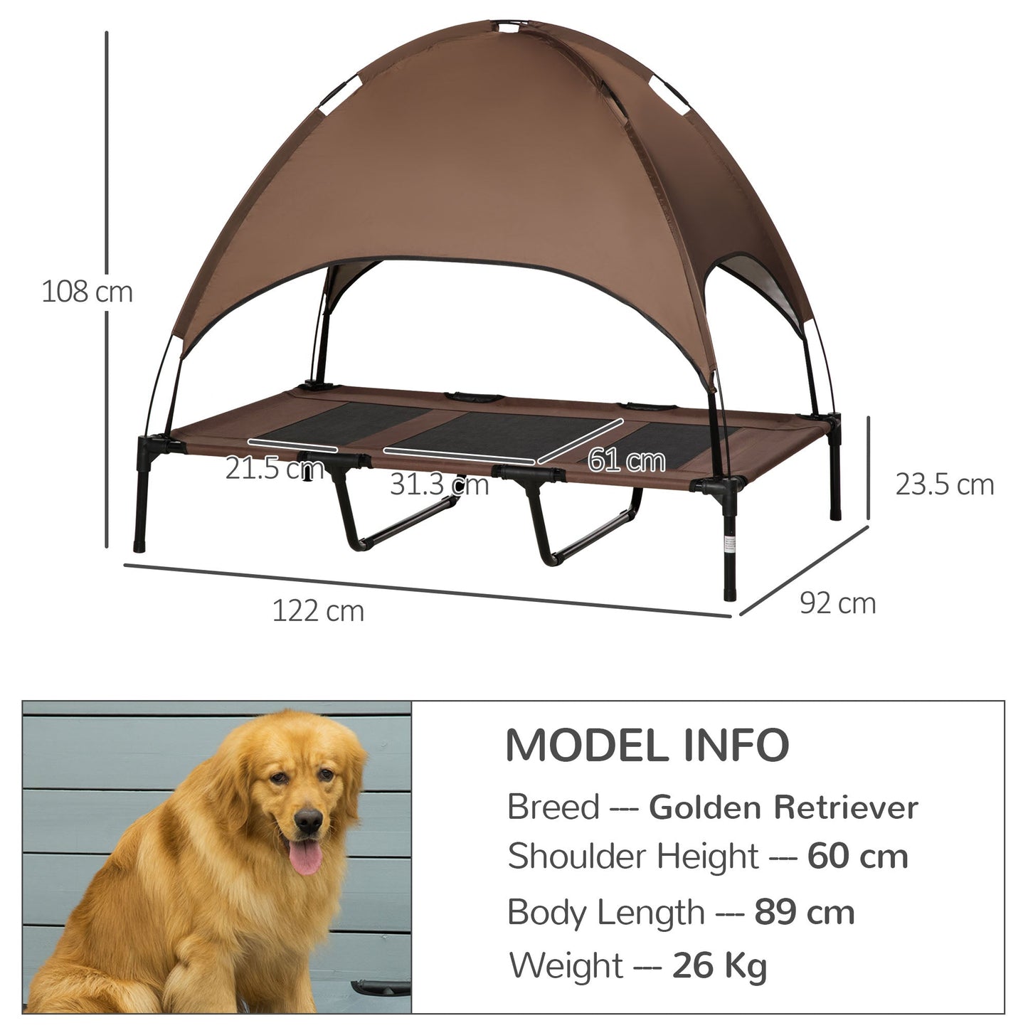 Raised Dog Bed Waterproof Elevated Pet Cot with Breathable Mesh UV Protection Canopy Coffee, for XXL Dogs, 122 x 92 x 108cm-2