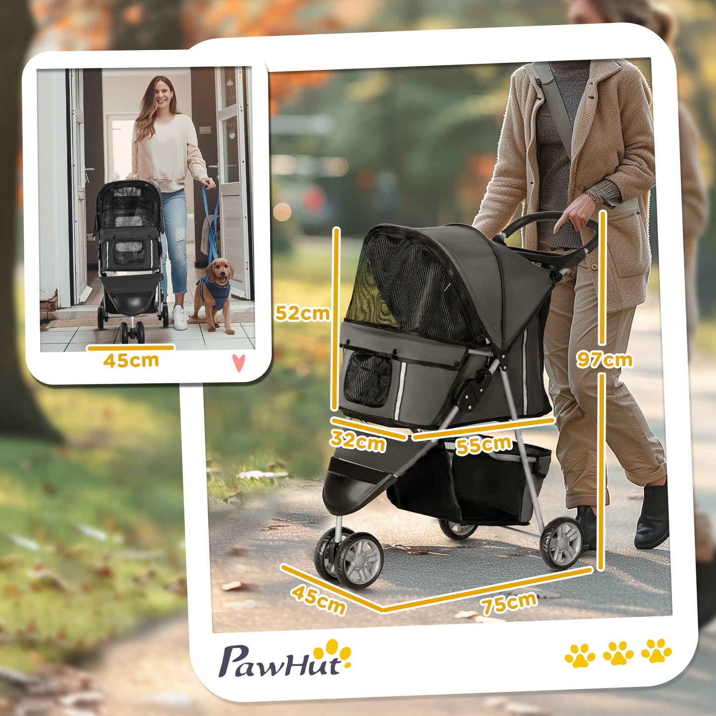 3 Wheel Pet Stroller for Small and Miniature Dogs, Charcoal Grey-2