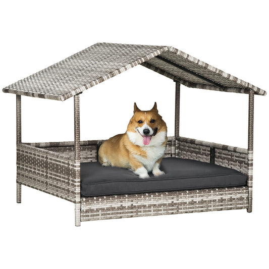 Wicker Dog House, Rattan Pet Bed, with Removable Cushion, Canopy, for Small and Medium Dogs - Dark Grey-0