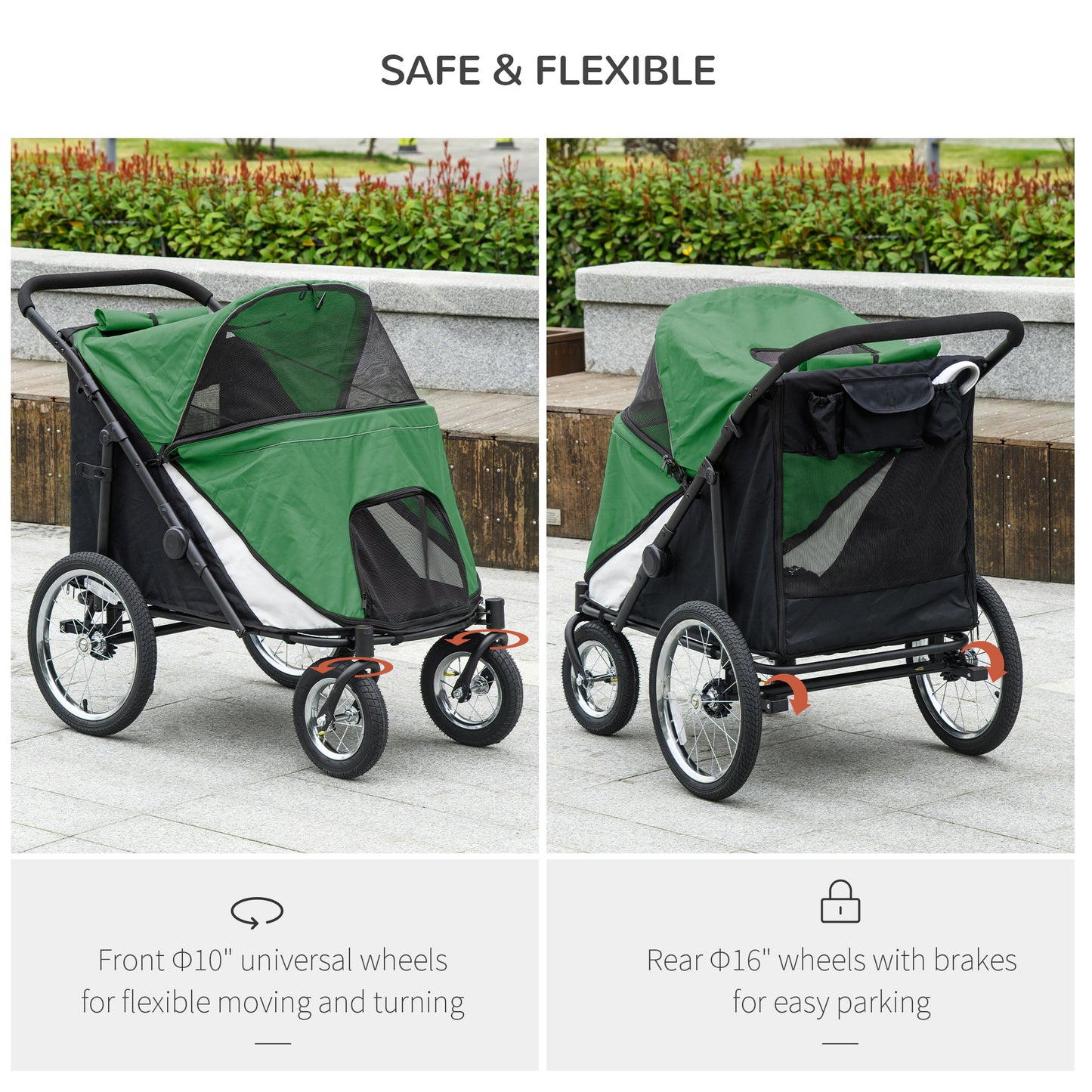 Foldable Pet Stroller with Washable Cushion, Storage Bags, Safety Leash for Medium and Large Dogs Cats Travel, Dark Green by PawHut-3