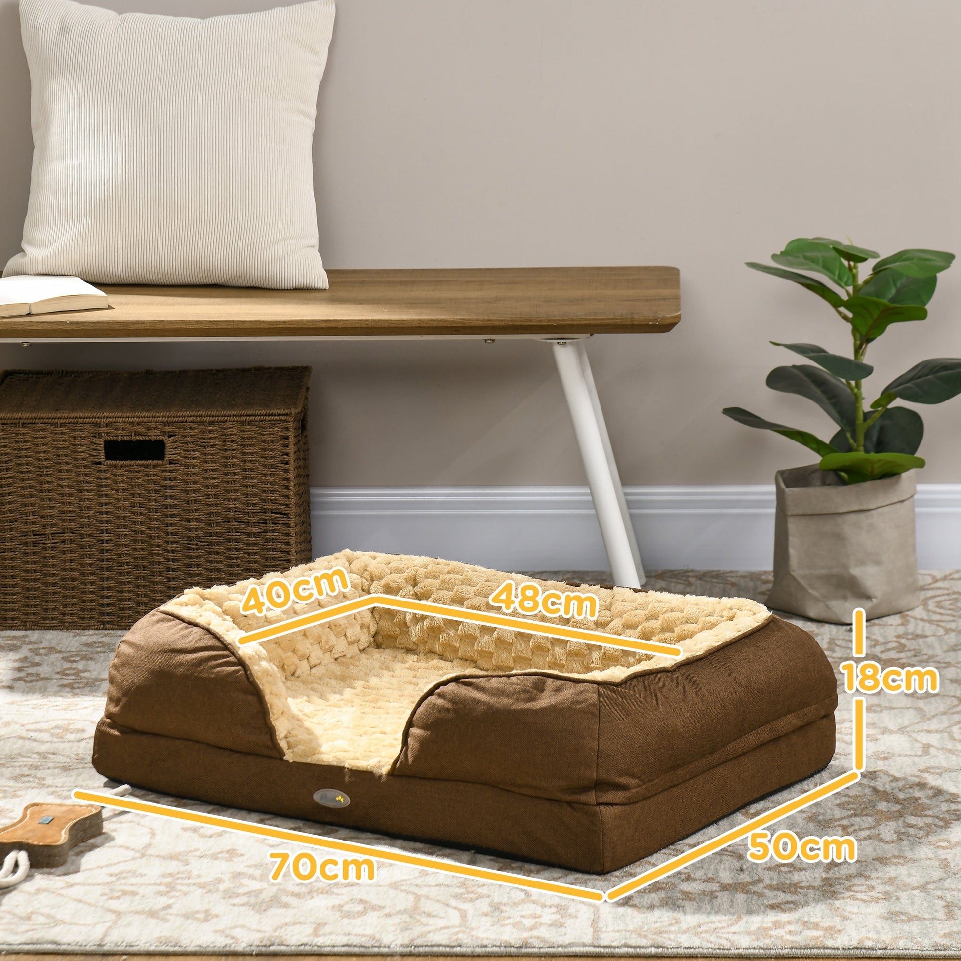Calming Dog Bed Pet Mattress w/ Removable Cover, Anti-Slip Bottom, for Small Dogs, 70L x 50W x 18Hcm - Brown-2