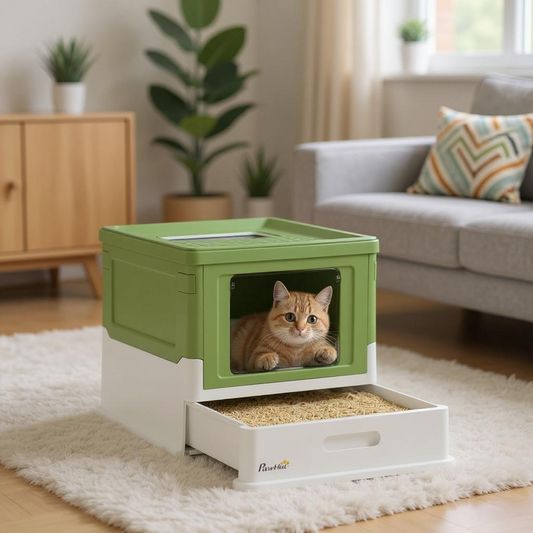 Covered Cat Litter Box with Scoop – Portable & Stylish Lime Green Pet Toilet