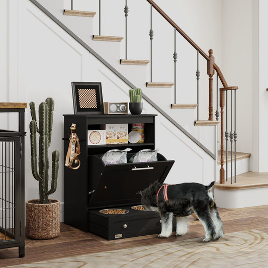 Pet Feeder Station, Dog, Cat Storage Container, with Raised Bowls, Hanger, Cabinet - Black-1