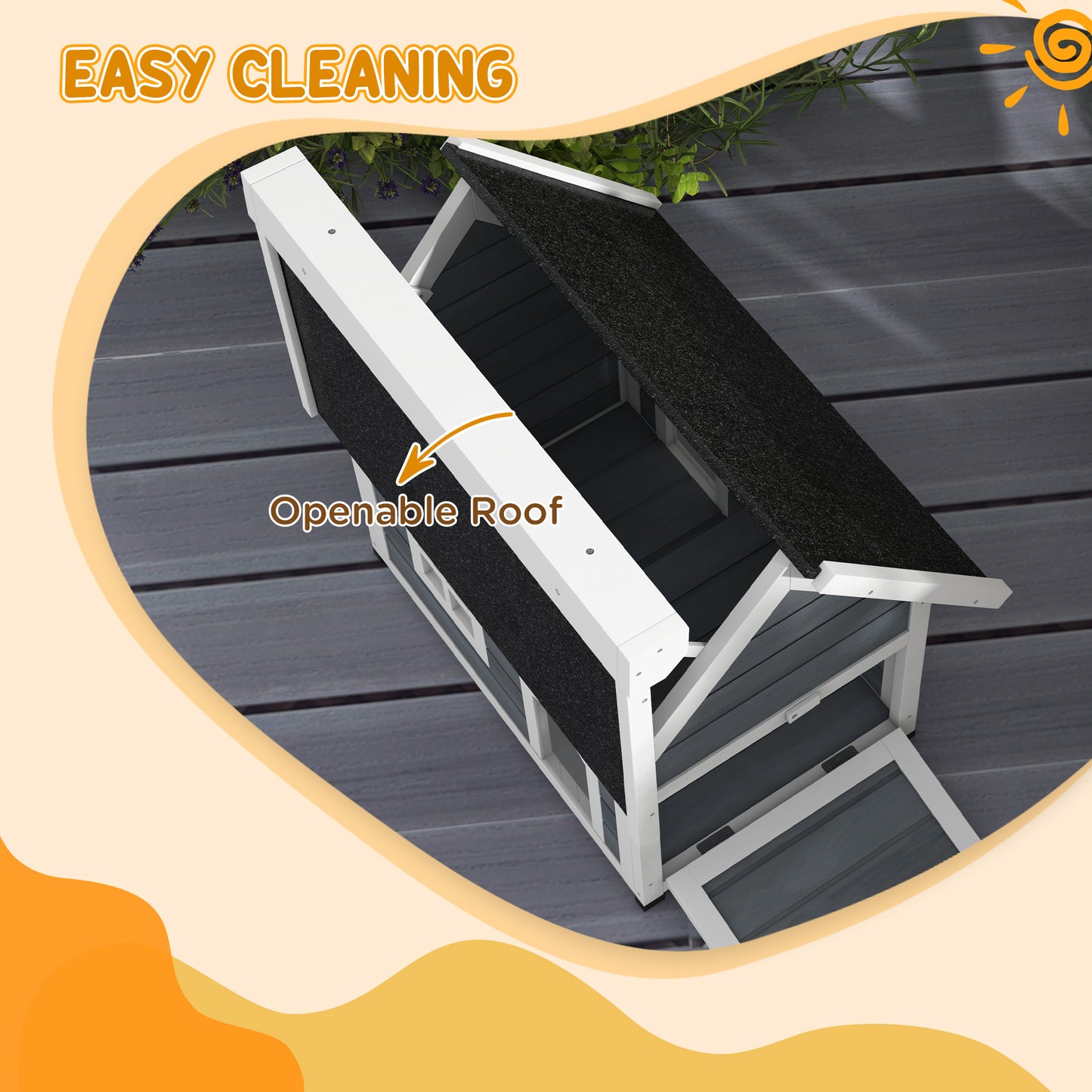 Outdoor Cat House, Wooden Feral Cat Shelter Waterproof Hide House with Openable Asphalt Roof and Three Doors, 77 x 57.5 x 68cm, Grey | PawHut-3