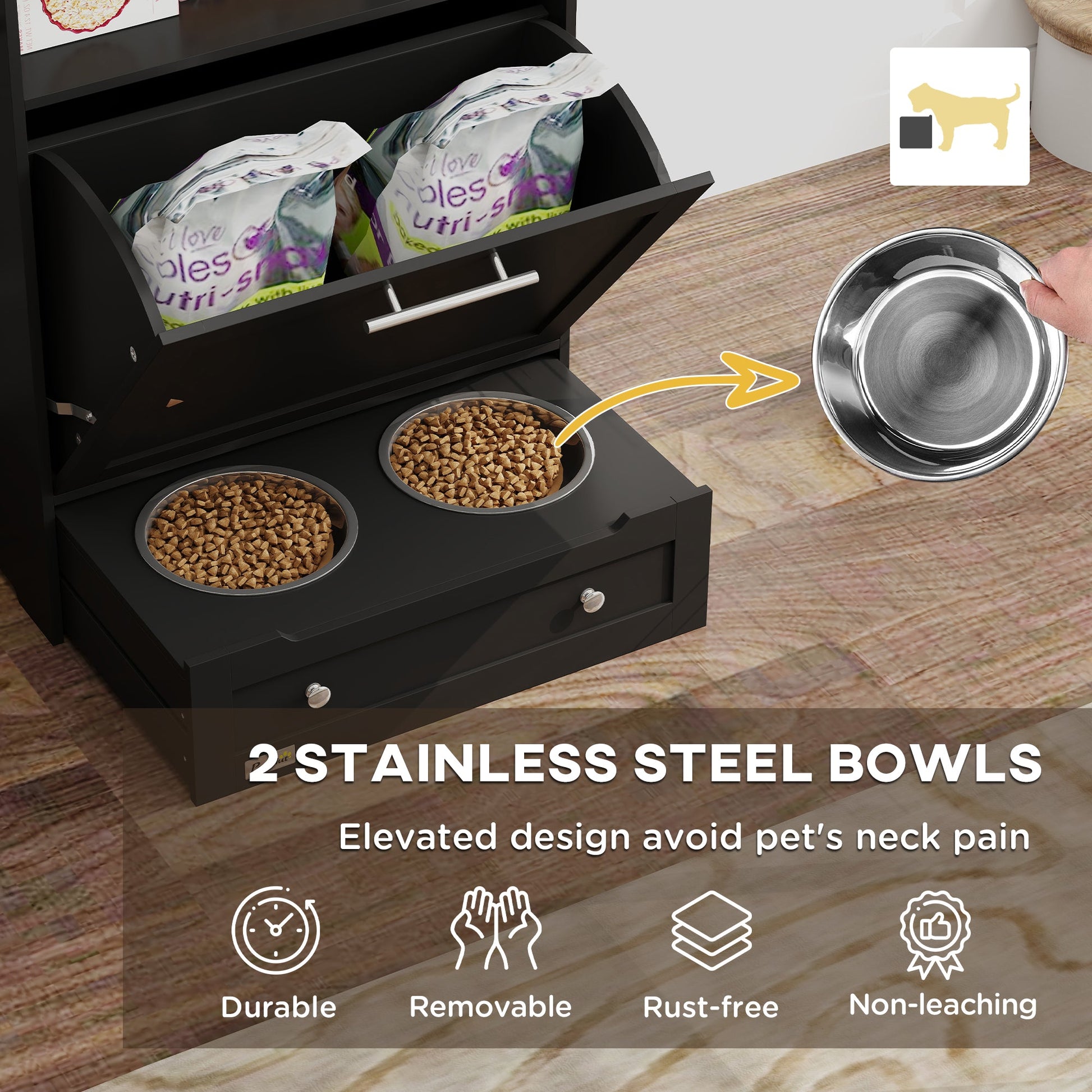 Pet Feeder Station, Dog, Cat Storage Container, with Raised Bowls, Hanger, Cabinet - Black-3