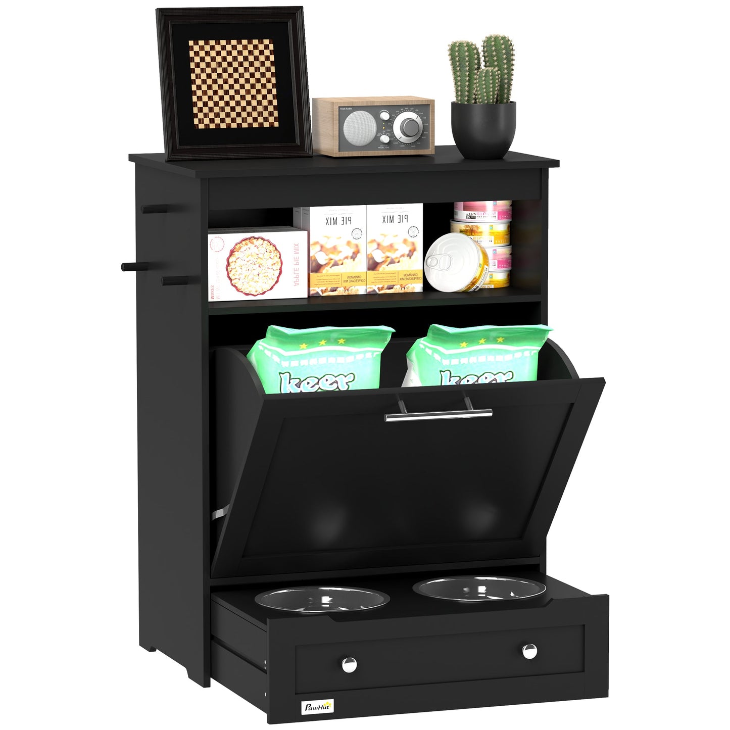 Pet Feeder Station, Dog, Cat Storage Container, with Raised Bowls, Hanger, Cabinet - Black-0