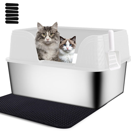 Stainless Steel Litter Box With Lid High Sided Cat Litter Tray Extra Large Metal Litter Tray Anti-Leakage Deep Kitten Litter Trays Splash Proof Top Entry Cat Litter Box