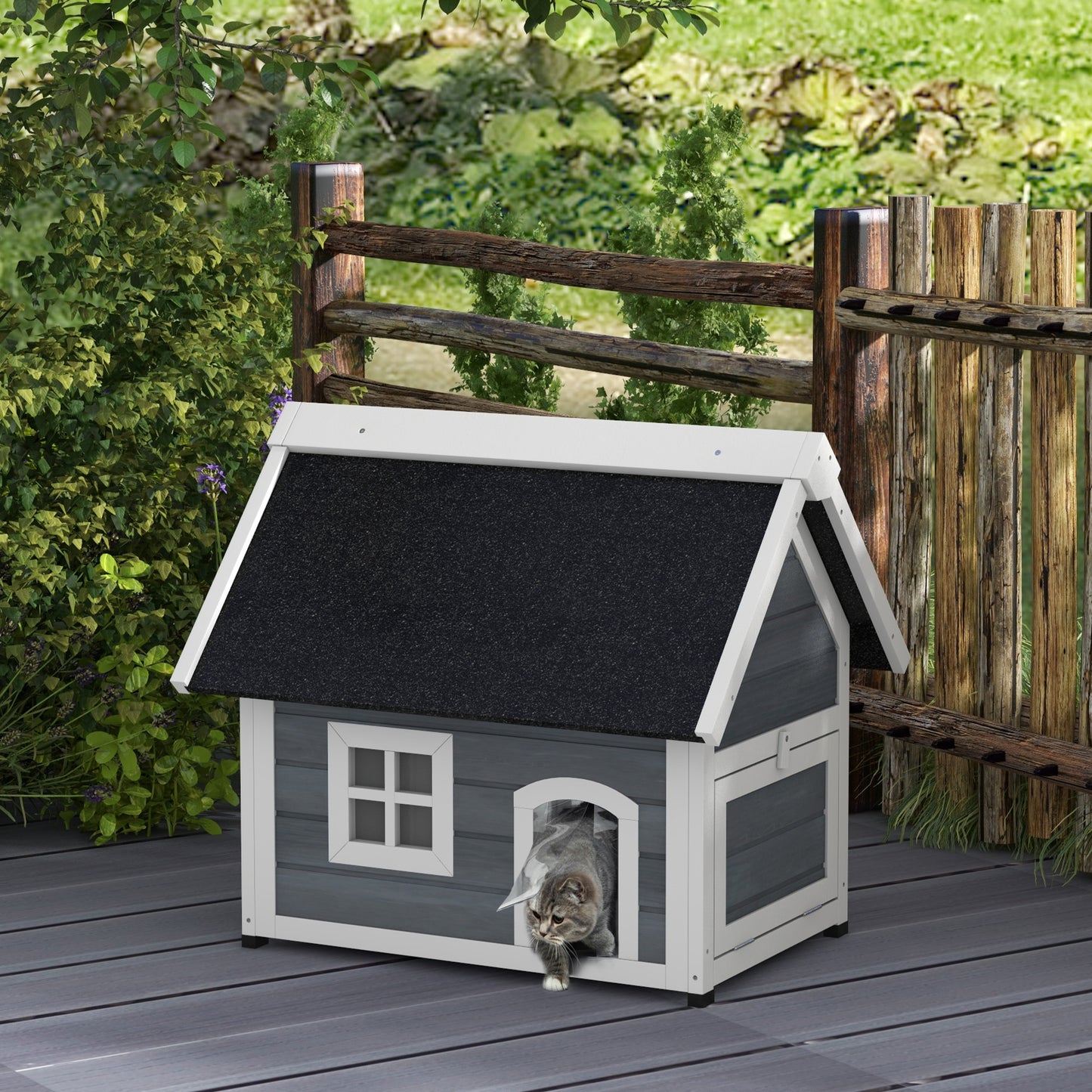 Outdoor Cat House, Wooden Feral Cat Shelter Waterproof Hide House with Openable Asphalt Roof and Three Doors, 77 x 57.5 x 68cm, Grey | PawHut-8