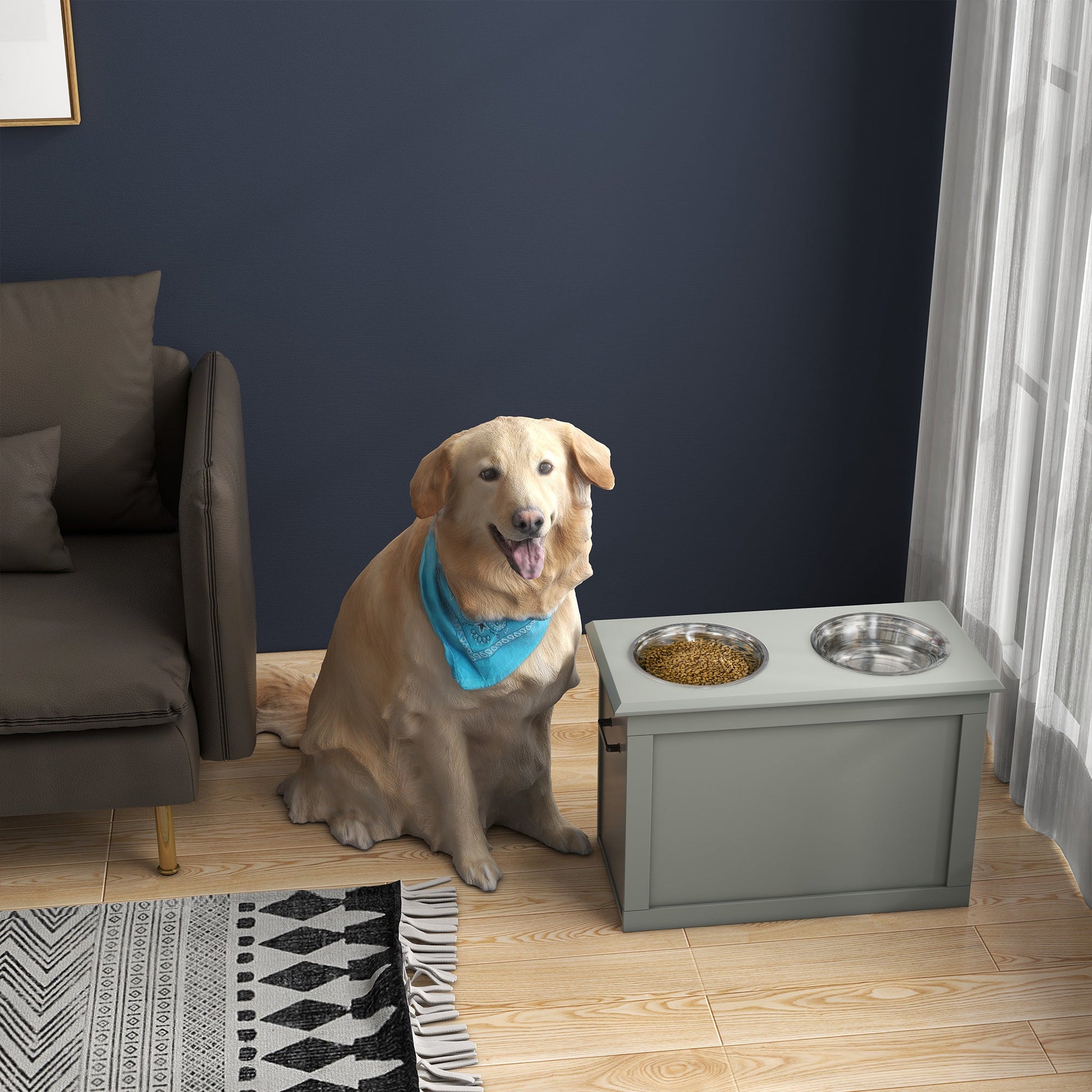 Raised Dog Bowls Pet Feeding Storage Station with 2 Stainless Steel Bowls Base for Large Dogs and Other Large Pets, Grey-1