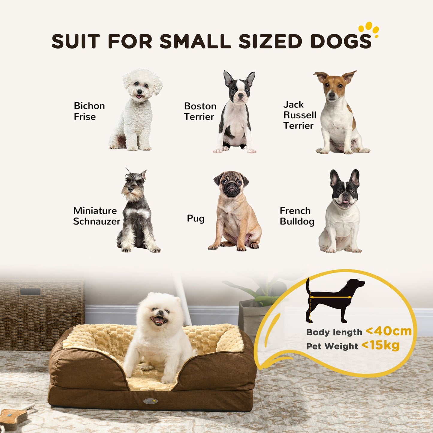 Calming Dog Bed Pet Mattress w/ Removable Cover, Anti-Slip Bottom, for Small Dogs, 70L x 50W x 18Hcm - Brown-3
