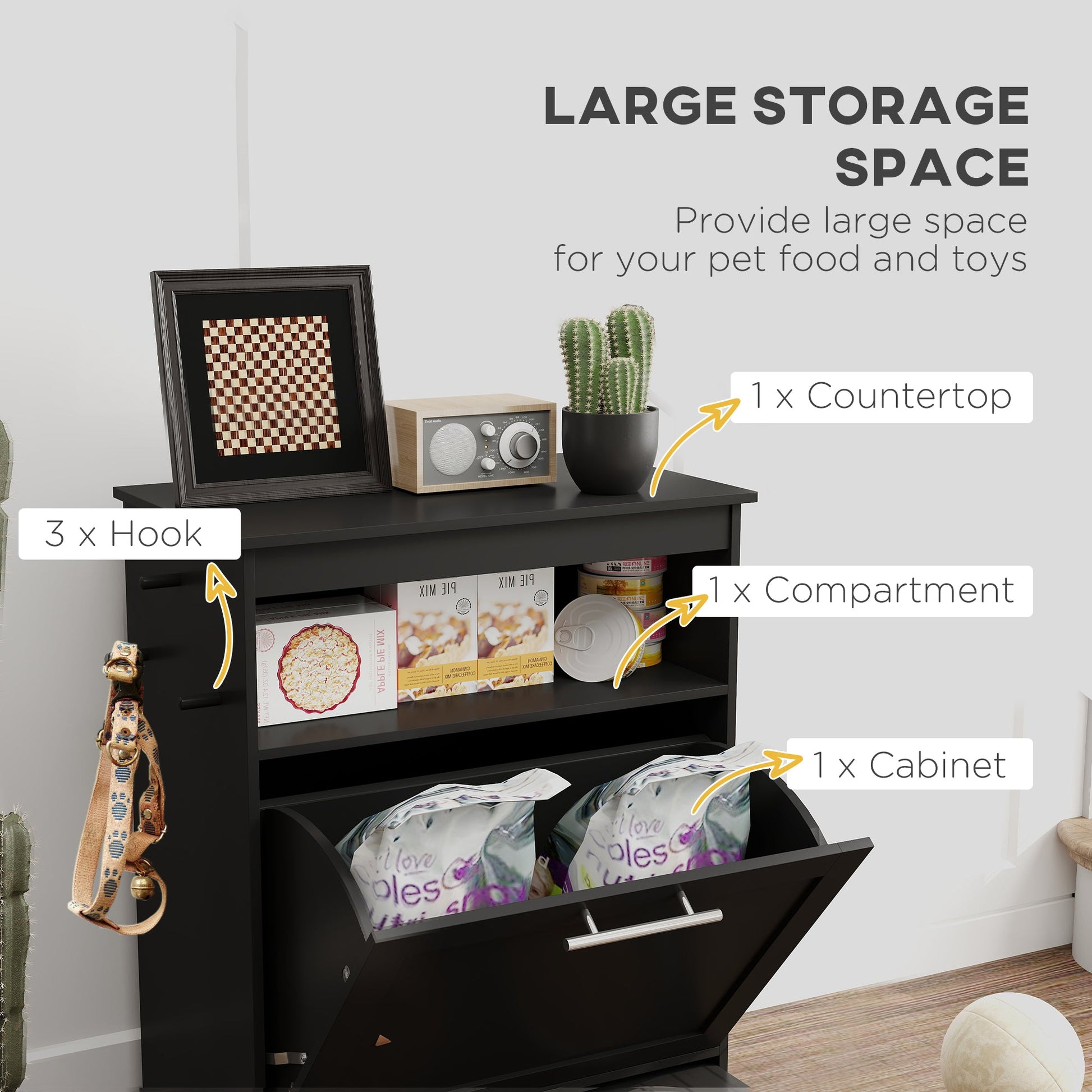 Pet Feeder Station, Dog, Cat Storage Container, with Raised Bowls, Hanger, Cabinet - Black-4
