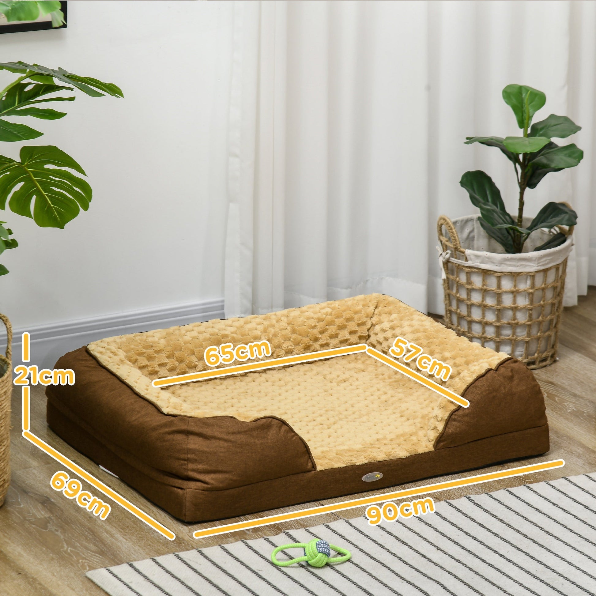Calming Dog Bed Pet Mattress w/ Removable Cover, Anti-Slip Bottom, for Medium Dogs, 90L x 69W x 21Hcm - Brown-2